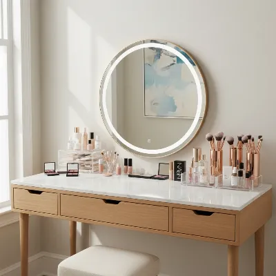 A beautifully organized modern vanity table with a variety of makeup products neatly arranged in clear acrylic organizers and elegant brush holders.