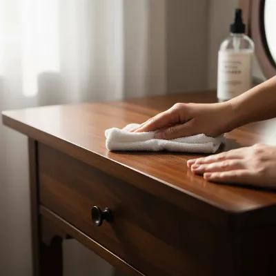 A person gently cleaning a solid wood vanity with a soft cloth, emphasizing care and maintenance.