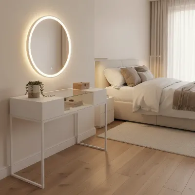 Urban Outfitters Clara Vanity Table in a chic, modern bedroom with soft lighting, showcasing its compact size and elegant design.