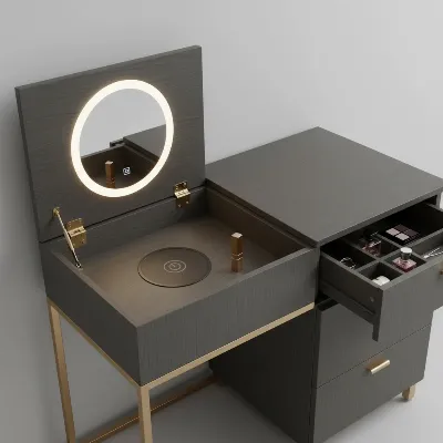 Close-up on the smart storage and integrated technology of a compact corner vanity table, showcasing a flip-top mirror with LED lights and a wireless charging pad on the surface.