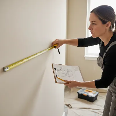 A woman carefully measuring wall space for a DIY floating vanity, holding a tape measure and a pencil against a clean, light-colored wall, with a basic sketch of the vanity on a clipboard nearby, bright natural light, realistic style