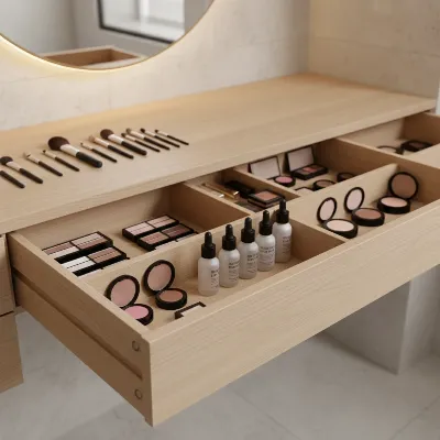 Close-up of a floating vanity with organized drawers for beauty products