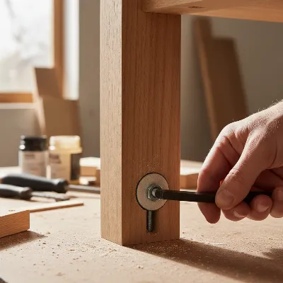 Adjustable furniture levelers being installed on a wooden table leg for stabilization