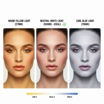 Infographic showing the effect of different Kelvin color temperatures on makeup appearance.
