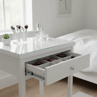 Ikea Malm vanity table with organized makeup and accessories on a clean glass top