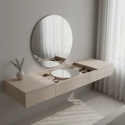 A minimalist vanity table with a hidden pop-up mirror and recessed storage, showing a sleek desktop when closed, in a modern, calm bedroom setting with soft, diffused lighting.