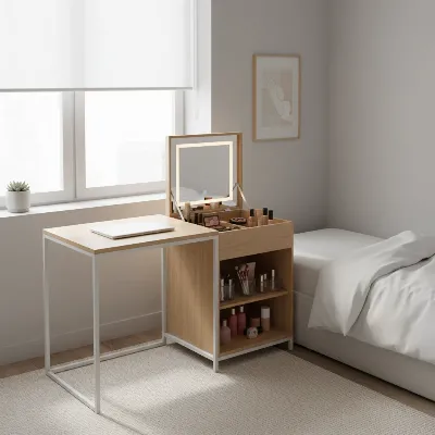 Modern folding vanity table transforming from a compact desk to a lighted makeup station for small spaces