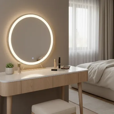 A sleek, modern vanity table with an integrated LED mirror, showing organized makeup and a minimalist design.