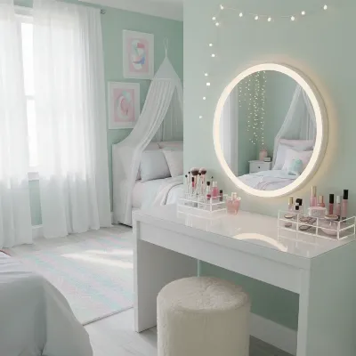 A stylish modern vanity table in a teen girl's bedroom with soft lighting, a large mirror, and organized makeup items.