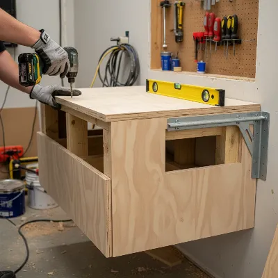 A close-up view of a DIY floating vanity being securely mounted to a wall. A person's hands are visible, operating a drill to fasten the vanity to a hidden support frame or brackets, with a level placed on the vanity surface to ensure precision, workshop setting, realistic photo
