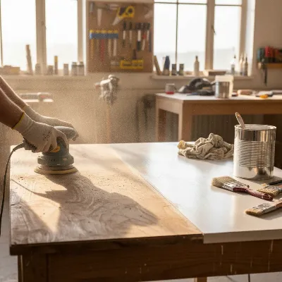 An old wooden desk being sanded with an orbital sander and then primed with white paint.