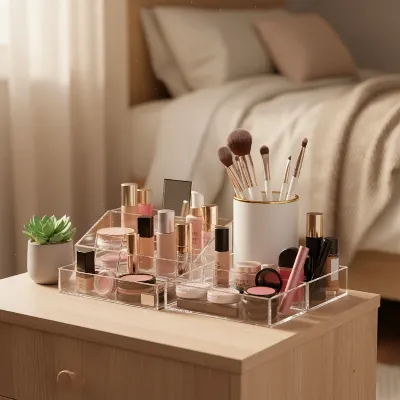 A well-organized compact vanity table in a small bedroom, featuring clear acrylic organizers, neatly arranged makeup, and a small plant, soft ambient lighting