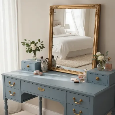 A beautifully upcycled vintage desk transformed into a vanity table with a soft blue paint finish, ornate gold handles, and a large, decorative framed mirror.