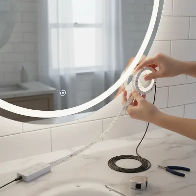 Close-up of hands applying LED strip lights to the back of a vanity mirror, with power connections visible