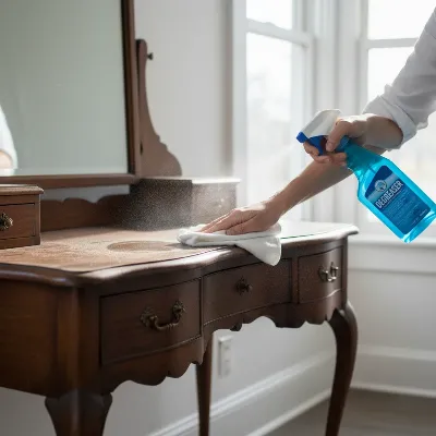 A woman thoroughly cleaning an old wood vanity table with a degreaser solution and a cloth, removing grime before painting, in a well-lit room, realistic style