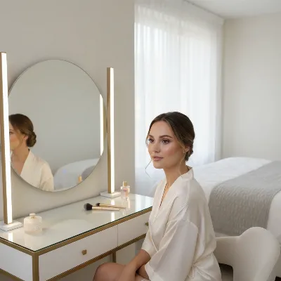 Woman applying makeup at a vanity table with perfect, shadow-free side lighting for accurate application.