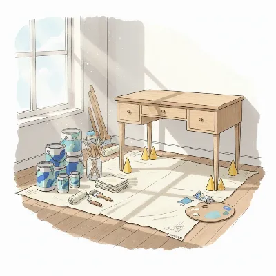 A beautifully organized workspace for painting a vanity table, with drop cloths, paint cans, brushes, and the vanity elevated on painter's pyramids, bathed in natural light, illustrative style