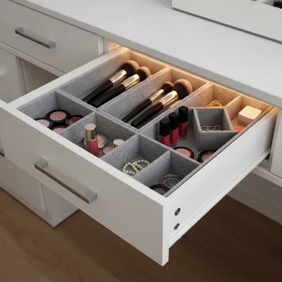 An opened drawer of a makeup vanity table, revealing neatly organized cosmetics and brushes in divided compartments, with soft lighting.