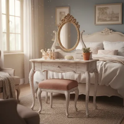 Vintage vanity table in a cozy, sunlit bedroom with antique perfume bottles.