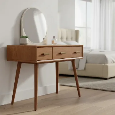 Elegant West Elm Mid-Century Vanity Table with distinctive design features and wood finish