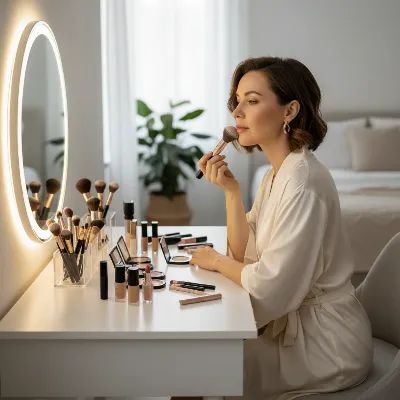 Woman applying makeup at a stable vanity table with organized products