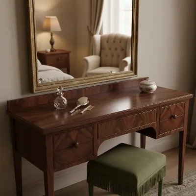 Elegant wooden vanity table in a classic bedroom setting, highlighting natural grain and warm tones